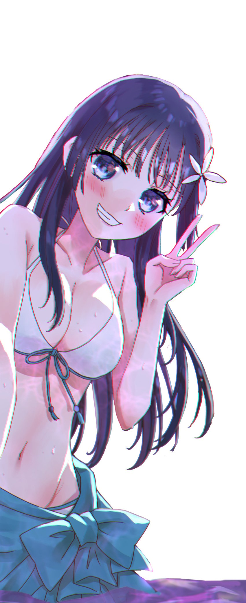 1girls ayuko_(ayuko54bornthisway) big_breasts bikini black_hair blue_eyes blush breasts busty cleavage female female_focus female_only grin hi_res large_breasts long_hair looking_at_viewer navel purple_hair sarong saten_ruiko smile solo swimsuit to_aru_kagaku_no_railgun to_aru_majutsu_no_index v water wet white_bikini