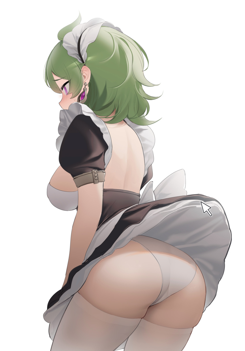 absurdres ahoge alternate_breast_size alternate_costume apron back bare_back black_dress blush bra breasts clothes_lift collei_(genshin_impact) covered_mouth cowboy_shot dress dress_lift dress_tug earrings embarrassed enmaided female frilled_hairband frills from_side genshin_impact green_hair hairband highres jewelry large_breasts legwear looking_away looking_to_the_side maid maid_apron maid_headdress median_furrow panties profile puffy_short_sleeves puffy_sleeves purple_eyes shibuya_(kurokamishain) short_sleeves simple_background skirt_lift solo thighhighs underwear upskirt white_apron white_background white_bra white_hairband white_legwear white_panties white_thighhighs