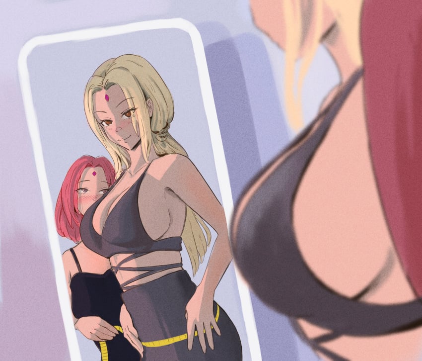 2girls aad2dd adult age_difference big_breasts blonde_hair blush breasts busty clothing dress facial_mark female female/female female_only forehead_mark implied_yuri looking_at_another looking_at_partner looking_at_self measuring measuring_tape mirror mirror_reflection multiple_girls naruto naruto_(series) naruto_shippuden older_female pink_hair revealing_clothes sakura_haruno teacher_and_student teenager tied_hair tsunade twintails voluptuous younger_female yuri