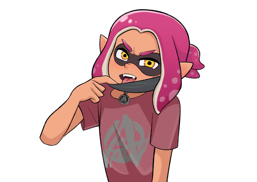 choker facemask inkling inkling_boy looking_at_viewer magenta_hair mask mask_pull modeling original_character pistol_(oc) sharp_teeth splatoon tan_body tan_skin tongue tongue_out yellow_eyes