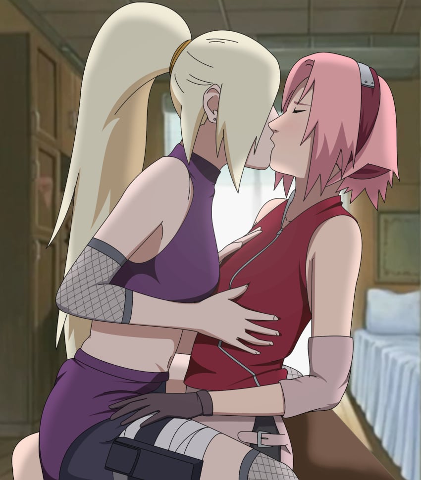 2girls bedroom blonde_hair blush closed_eyes elbow_pads female female/female female_only gloves groping indoors ino_yamanaka kissing long_hair midriff multiple_girls naruto naruto_(series) naruto_shippuden optimystic pink_hair ponytail romantic romantic_couple sakura_haruno shirt side_view sideboob sitting sitting_on_lap sitting_on_person skirt sleeveless sleeveless_shirt straddling tied_hair very_long_hair yuri