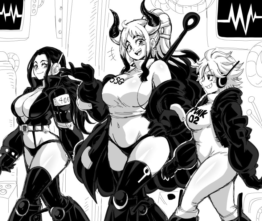 3girls alternate_outfit big_breasts bikini_bottom black_and_white bocodamondo bodysuit breasts busty cleavage clothed clothing crop_top cropped_jacket curvy earrings egghead eyelashes female female_only gloves grin groin hair_ornament hand_on_hip headphones high_ponytail horns hourglass_figure jumpsuit large_breasts lewdamone long_hair long_sleeves looking_at_another monochrome multicolored_hair multiple_girls navel nico_robin nico_robin_(egghead) no_pants one_piece one_piece:_egghead_arc open_clothes ponytail post-timeskip short_hair sidelocks skimpy skimpy_clothes slim_waist smile stomach talking talking_to_another thick_thighs thighs thong vegapunk_lilith voluptuous walking wide_hips yamato_(one_piece)