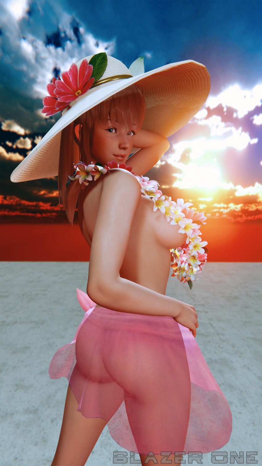 1girls 3d ass beach blazerone blue_eyes brown_hair bubble_butt dead_or_alive flower_necklace hitomi_(doa) large_breasts naked nude nude_female seaside see-through_skirt sun_hat sunset topless