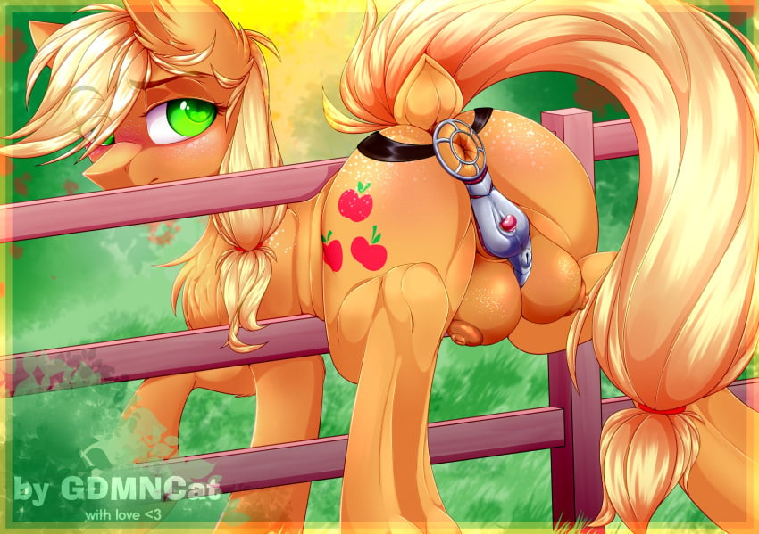 above_average_crotchboobs absurd_res applejack_(mlp) chastity chastity_belt chastity_device clitoris crotch_breasts crotchboobs cutie_mark female female_chastity femsub feral friendship_is_magic genitals goddamncat green_eyes hasbro hi_res metal_chastity_belt my_little_pony solo stuck unchastity