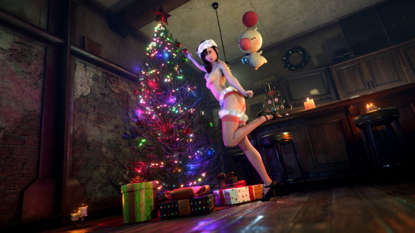 1girls 3d ass christmas christmas_outfit christmas_tree female female_only final_fantasy final_fantasy_vii final_fantasy_vii_remake heels moogle mustard_sfm partially_clothed santa_hat square_enix stockings tifa_lockhart topless