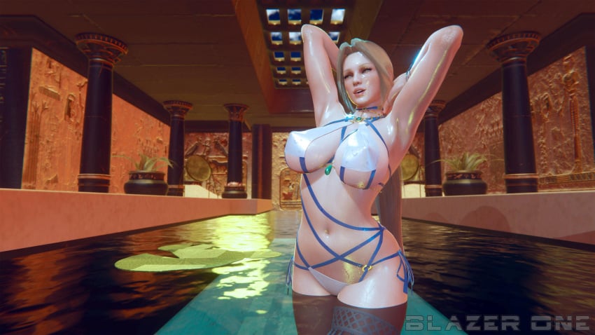 1girls 3d armpits arms_behind_head bikini blazerone blonde_hair blue_eyes dead_or_alive erect_nipples helena_douglas indoor_pool large_breasts posing standing_in_water wet