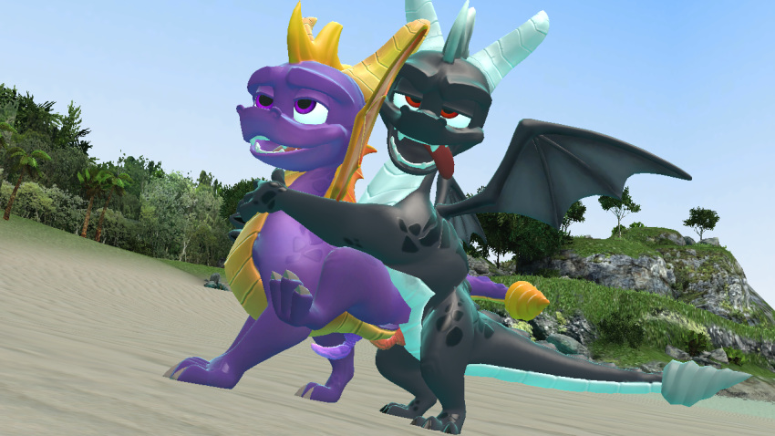 16:9 activision anal anal_sex beach dark_body dark_spyro dragon drakeledragon duo feral genitals hand_on_neck happy happy_sex legs_up love male male/male penetration penile penile_penetration penis penis_in_ass purple_body purple_penis red_penis seaside sex spyro spyro_the_dragon tongue tongue_out video_games widescreen