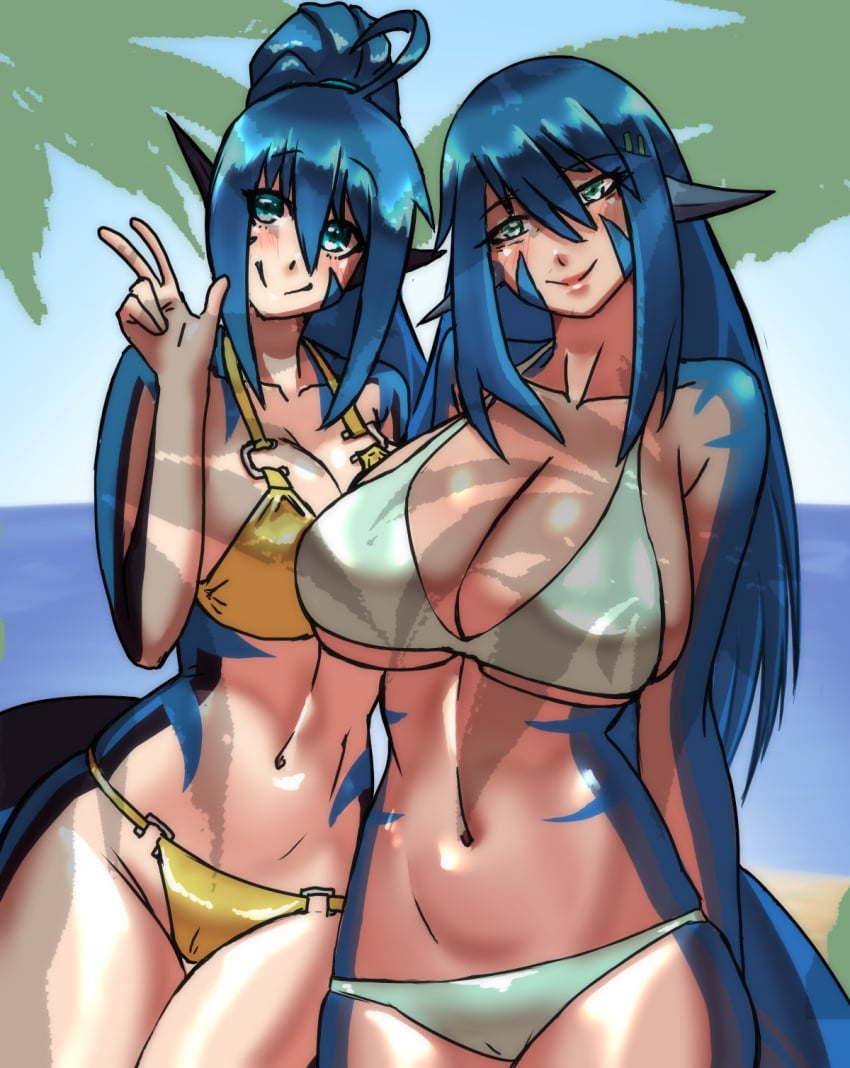 background beach beach_background bikini bikini_bottom bikini_top blue_eyes blush boobs_bigger_than_head breasts breasts_bigger_than_head breasts_pressed_against_partner child_bearing_hips cleavage clothed_female clothing daughter daughter_(lore) dinosaur dinosaur_girl dinosaur_humanoid dinoterra dromaeosaurid duo female flora girlfriend girlfriends_mother green_eyes highres husa_(species) kayserend large_breasts larger_female looking_at_viewer milf mira_ravennor mother mother_(lore) mother_and_child mother_and_daughter outdoors palm_tree plants ponytail posing posing_for_the_viewer saphira_ravennor sfw smaller_female standing summer tagme tail tail_markings utahraptor