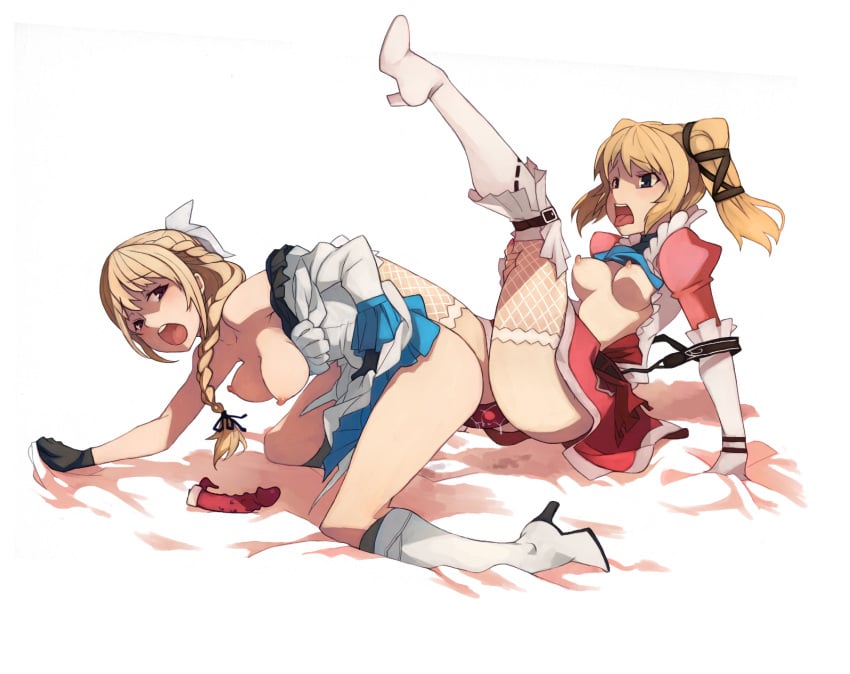 blonde_hair blue_eyes blush boots breasts claire_(granado_espada) dildo double_dildo elbow_gloves female fishnet_legwear fishnet_stockings fishnets gloves granado_espada highres multiple_girls nipples open_mouth penguin_caee shirt_lift thigh_boots thighhighs valeria_(granado_espada) valleria_(granado_espada) yuri