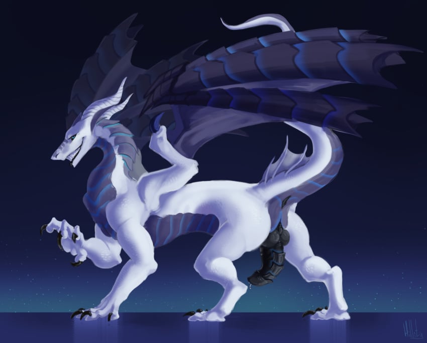 3_toes 4_fingers anus blue_eyes bodily_fluids claws dragon feet feral fingers genitals hi_res hilloty horn looking_at_viewer male mythological_creature mythological_scalie mythology penis scalie simple_background smile solo toes white_body wings