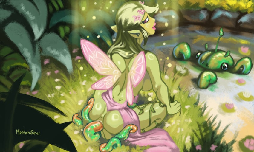 1girls ass asshole back_view elf_ears fairy fairy_wings flower_in_hair grabbing_ass grabbing_from_behind green_body green_hair hidden_nipples looking_at_penis looking_pleasured moltenseal_(artist) monster nature nude on_knees pink_eyes pink_lipstick plant pond request sideboob tentacle tentacle_penetration tentacle_sex undressed vaginal_penetration