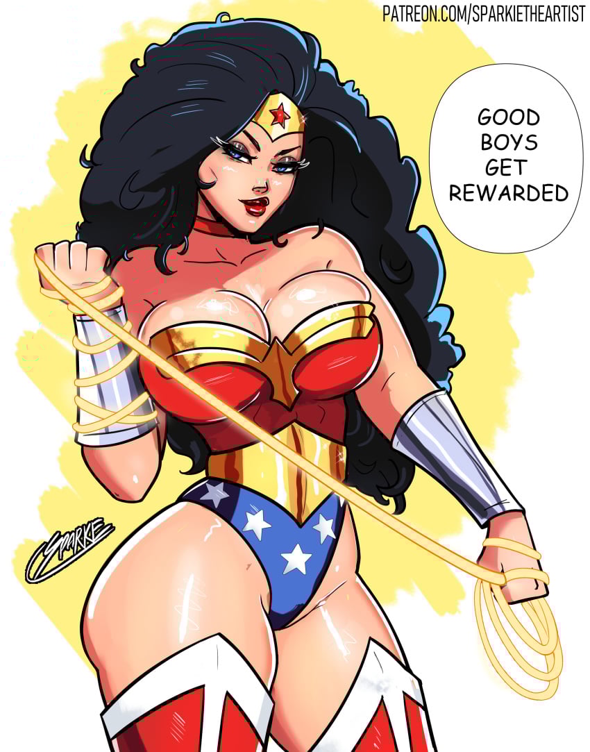 1girls athletic big_hair black_hair dc dc_comics dialogue diana_prince female lasso_(lasso) looking_at_viewer sparkietheartist text thick_thighs wonder_woman wonder_woman_(series)