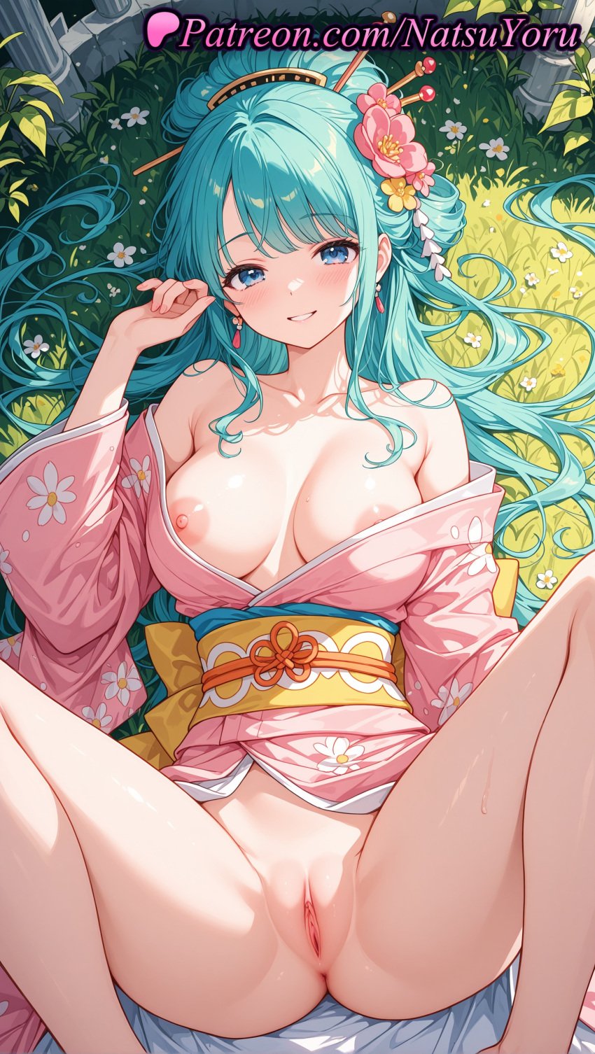 1girls 2025 ai_generated anus aqua_hair bangs bare_shoulders blue_eyes blush breasts clothing collarbone earrings female female_only floral_print flower grass hair_flower hair_ornament hair_stick hi_res highres japanese_clothes jewelry kimono komurasaki kozuki_hiyori large_breasts long_hair looking_at_viewer lying naked_kimono natsuyoru nipples no_panties obi off_shoulder on_back one_piece outdoors patreon pink_kimono pussy sash shaved_vagina smile solo spread_legs uncensored vagina voluptuous voluptuous_female yellow_sash