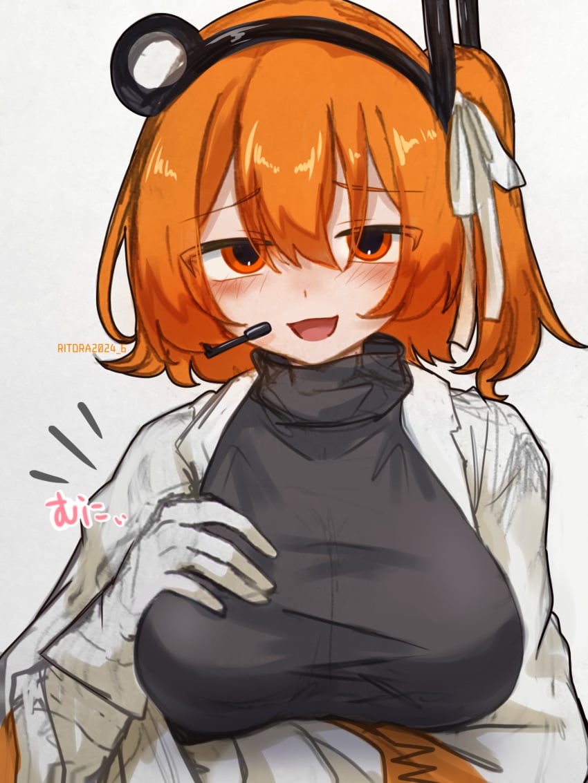 1girls a.i._voice adachi_rei black_shirt blush coat female gloves hair_ornament hair_ribbon hairclip hand_on_own_chest headset long_sleeves looking_at_viewer medium_hair orange_eyes orange_hair parted_lips pov radio_antenna ribbon riko_(ritora2024_6) robot robot_girl shirt smile smug solo teasing turtleneck turtleneck_shirt twitter_username utau white_background white_coat white_gloves white_ribbon