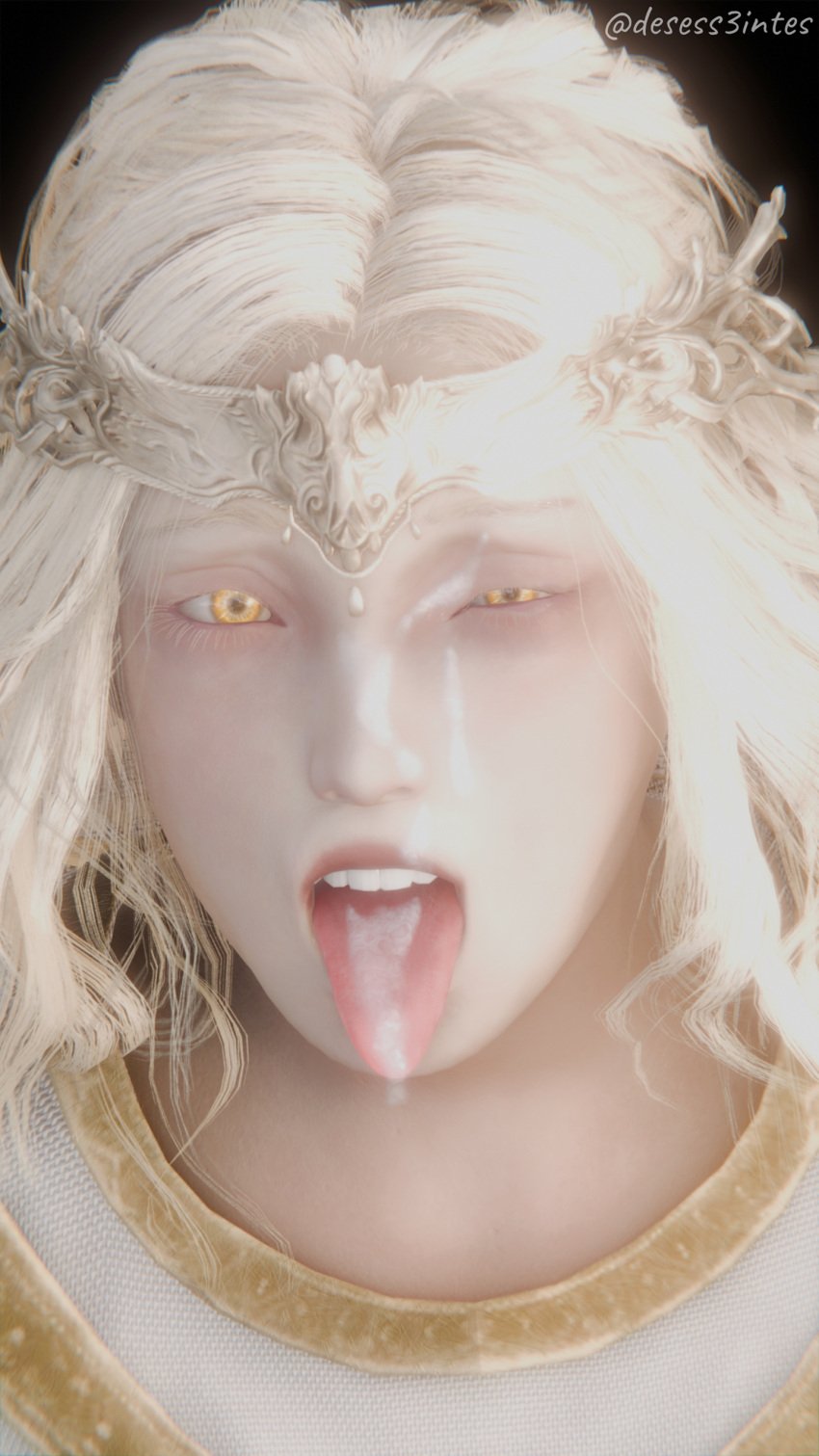 1boy 3d after_fellatio blender blonde_hair clothed cum cum_on_face cum_on_tongue desess3intes elden_ring eye_contact facial femboy fromsoftware gay looking_at_viewer miquella miquella_the_kind pov tagme tiara tongue tongue_out yaoi yellow_eyes