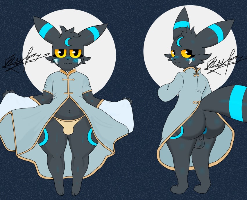 absurd_res anthro anus asian_clothing ass big_butt blackyumbreon blackyumbreon_(character) blush bulge chinese_clothing clothed clothing east_asian_clothing eeveelution feral generation_2_pokemon hi_res humanoid looking_at_viewer male moon nintendo partially_clothed pokemon pokemon_(species) presenting presenting_hindquarters smile solo umbreon