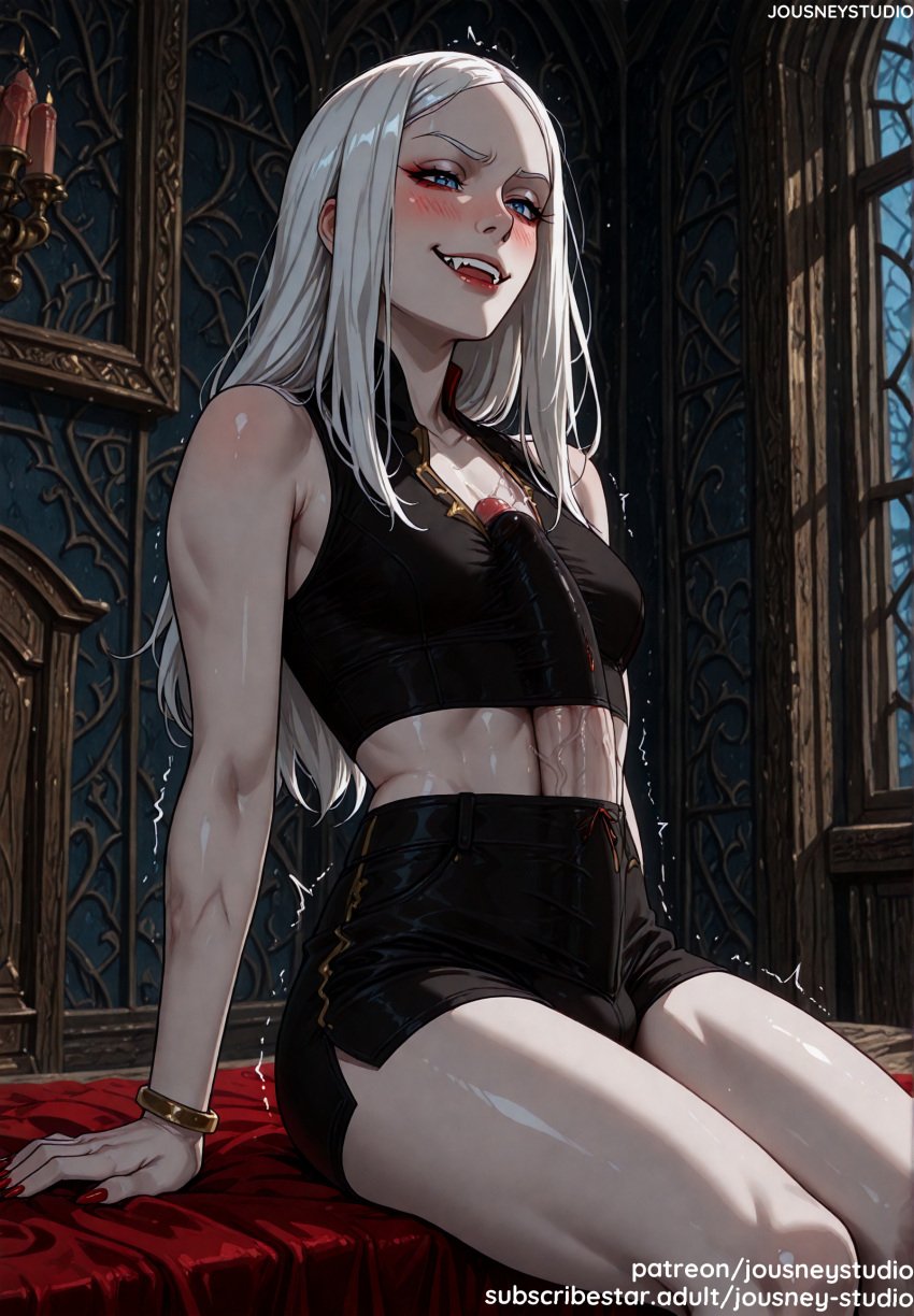 ai_generated arm_support bangs bare_shoulders bed between_breasts black_shorts blue_eyes blush bracelet breasts bulge candle carmilla_(castlevania) castlevania castlevania_(netflix) clothing condom crop_top english_text erection fangs female futanari indoors intersex jewelry jousneystudio long_hair looking_at_viewer makeup medium_breasts midriff nail_polish naughty_face navel open_mouth original pale_skin penis precum red_nails shirt short_shorts shorts sitting sleeveless small_breasts smile solo teeth thighs tongue trembling vampire white_hair window