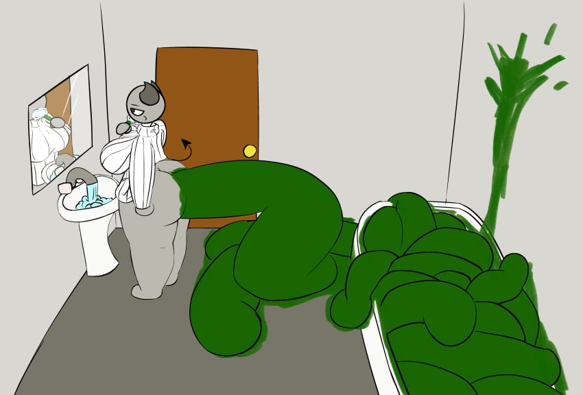 absurd_res ass bathroom bottom_heavy brushing_teeth demon demon_female female female_demon green grey_skin hyper_scat large_ass non_vore odd_scat original_character plump scat toastyloaf zyn_(toastyloaf)