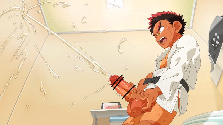 abs ass_visible_through_thighs balls bandaid bandaid_on_nose biceps big_balls big_glans big_penis blush bondage bookbag bottomless ceiling ceiling_light cellphone censor_bar censored censored_penis cum cum_drip cum_explosion cum_fountain cum_on_penis cum_on_wall cum_shower cum_splatter cum_string cum_trail ejaculation erect_nipples erection excessive_cum filming fingernails foreskin_folds frown gay hi_res holding_balls holding_penis huge_cock indoors intense_orgasm judo leaning_back long_cumshot low-angle_view male male_only masturbation mature_male muscles muscular muscular_arms muscular_male okulain one_eye_closed open_clothes orgasm original original_character pecs penis pointless_censoring powerful_cumshot red_eyes red_glans red_hair retracted_foreskin ribbon ribbon_bondage round_eyes semen sharp_teeth short_hair side_view small_pupils smartphone solo spiky_hair standing sweat sweatdrop sweating sweaty tan tan_body tanline thick_cum thick_eyebrows thick_penis tied tied_penis toilet tough_guy triceps uncircumcised uncut veiny_penis very_high_resolution yaoi young