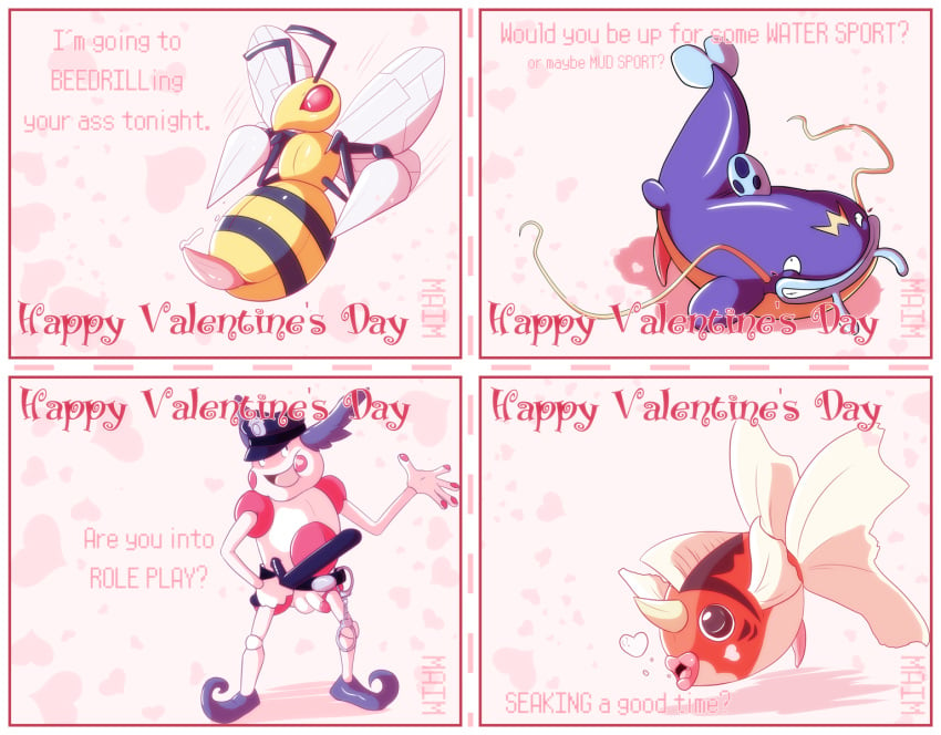 bee beedrill color cosplay feral fish insects male male_only mr._mime multiple_males nintendo open_mouth penis pink pokemon pun seaking text unknown_artist valentines_day wishcash wordplay