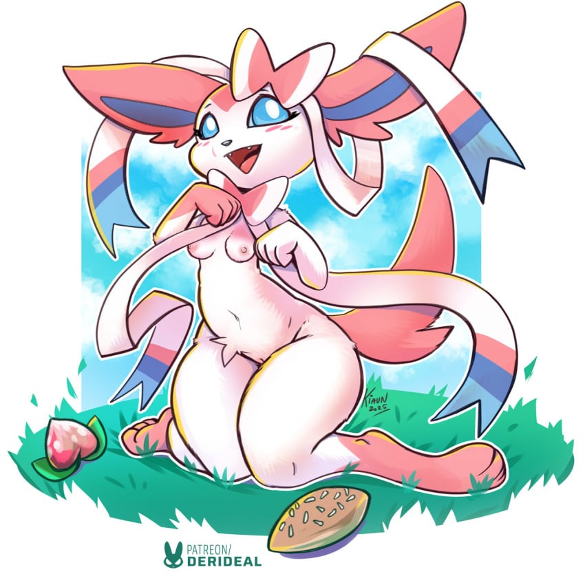 1:1 2024 anthro black_nose blue_eyes bow_ribbon breasts cloud colored derideal digital_drawing_(artwork) digital_media_(artwork) ears_up eeveelution english_text female food fruit generation_6_pokemon grass hi_res icon kiaun letter nintendo nude plant pokemon pokemon_(species) ribbons shaded signature simple_background sky smile solo sylveon symbol text url white_background