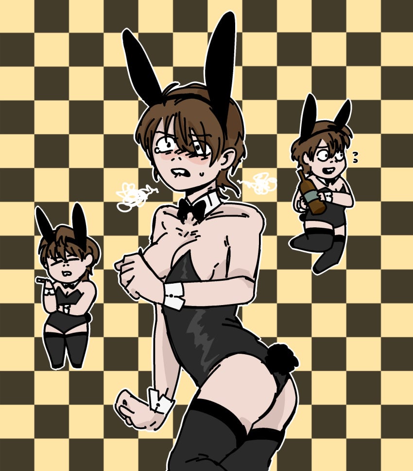 aged_up black_legwear black_thighhighs blush bowtie brown_hair buckteeth bunny_ears bunnysuit checkered_background chibi detached_collar fake_kitarou female female_only gegege_no_kitarou genderswap_(mtf) hair_over_one_eye hakaba_kitarou medium_breasts playboy_bunny rule_63 short_hair solo thighhighs