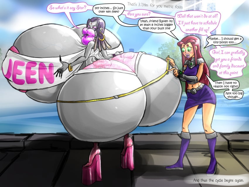 2girls ass_expansion ass_implants big_lips bimbo bimbofication booty_shorts breast_expansion breast_implants dc_comics female_only golseum grey_skin high_heels huge_ass huge_breasts huge_lips hyper hyper_ass hyper_breasts implants lip_expansion long_hair long_nails massive_ass massive_breasts measuring_ass purple_hair raven_(dc) red_hair starfire superheroine teen_titans