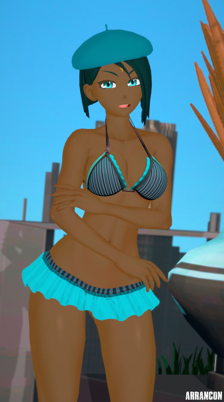 1girls arrancon bikini bikini_skirt bikini_top blue_eyes ciel_soleil cleavage dark-skinned_female dark_blue_hair female half-dressed half_naked half_naked_female rwby solo_female