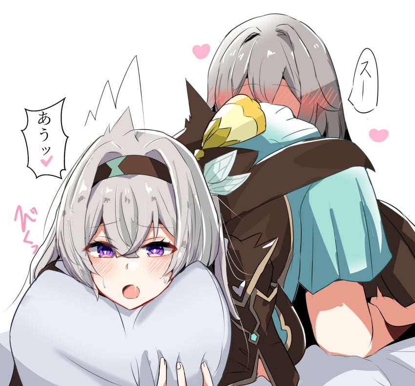 2girls akabeko123 aqua_dress blush brown_hairband dress female firefly_(honkai:_star_rail) grey_hair hair_between_eyes hair_intakes hair_ornament hairband heart highres holding holding_pillow honkai:_star_rail honkai_(series) implied_cunnilingus multiple_girls on_bed open_mouth oral pillow purple_eyes simple_background stelle_(honkai:_star_rail) sweatdrop trailblazer_(honkai:_star_rail) white_background yuri