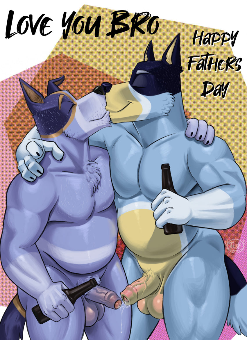 anthro australian_cattle_dog balls bandit_heeler biceps bluey_(series) bottle brother brothers canid canine canis domestic_dog foreskin fur furry furry_only gay kissing male male/male male_only muscular pecs penis precum stripe_heeler triceps tush