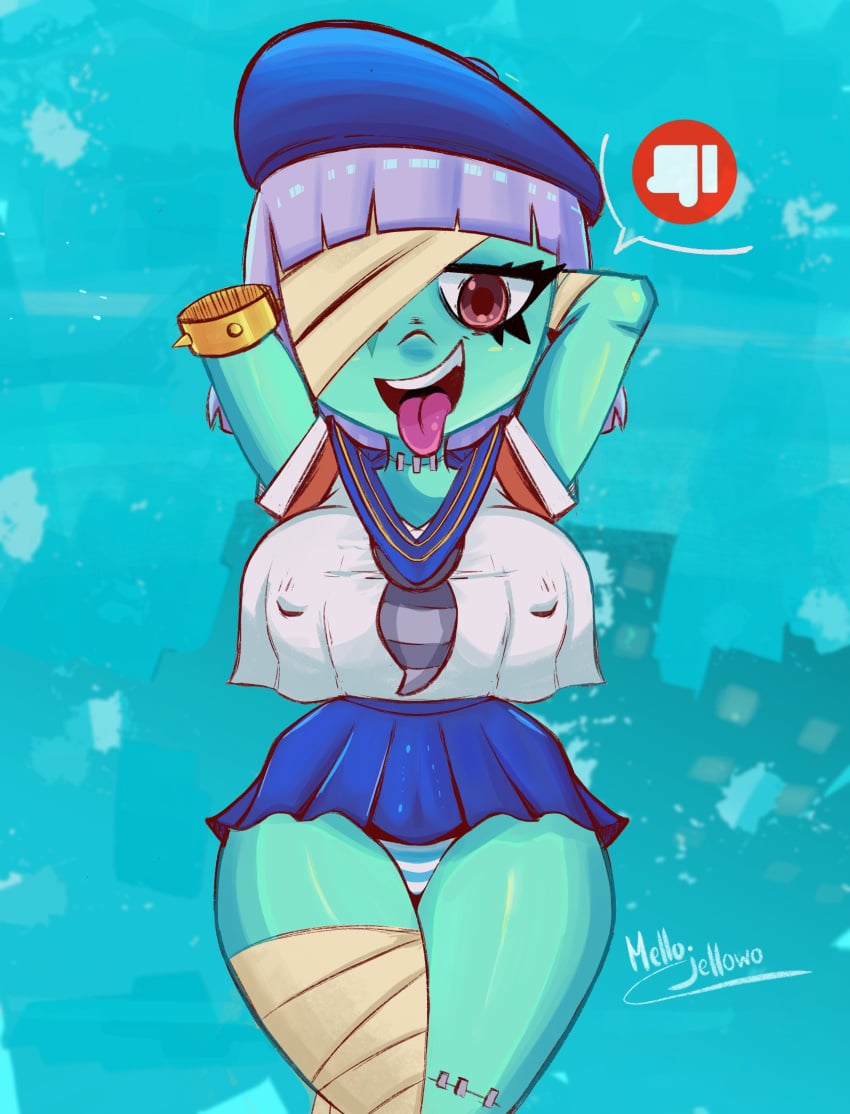 armless big_breasts brawl_stars hand_behind_head looking_at_viewer mellojellowo miniskirt nipple_bulge not_the_fucking_thumbs_down panties penny_(brawl_stars) red_eye school_uniform seductive_look seductive_pose sticking_out_tongue thumbs_down trash_panda_penny xd zombie_girl