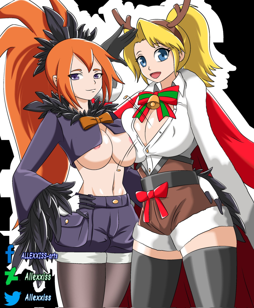 2021 2girls allexxiss animal_ears big_breasts black_gloves blonde_hair blue_eyes breasts_to_breasts christmas christmas_outfit halloween happy hi_res high_resolution horns huge_breasts long_hair looking_at_viewer medium_hair metal_slug metal_slug_attack military multiple_girls nipple_bulge nipples nipples_outside orange_hair purple_eyes reindeer_horns rumi_aikawa seductive short_hair snk thick_thighs thighhighs victoria_(metal_slug)