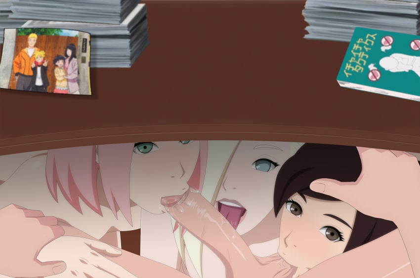 1boy 3girls balls blonde_hair blowjob blue_eyes book boruto:_naruto_next_generations brown_eyes brown_hair cheating cheating_husband cheating_wife collaborative_fellatio darkalx desk double_bun erect_penis faceless_male fellatio female green_eyes harem ino_yamanaka licking_penis lipstick looking_at_viewer male male_pov multiple_girls naruto naruto:_the_last naruto_(series) netorare ntr oral picture_(object) pink_hair pov sakura_haruno stealth_oral stealth_sex sucking_testicles teamwork tenten triple_fellatio under_desk under_the_table uzumaki_naruto