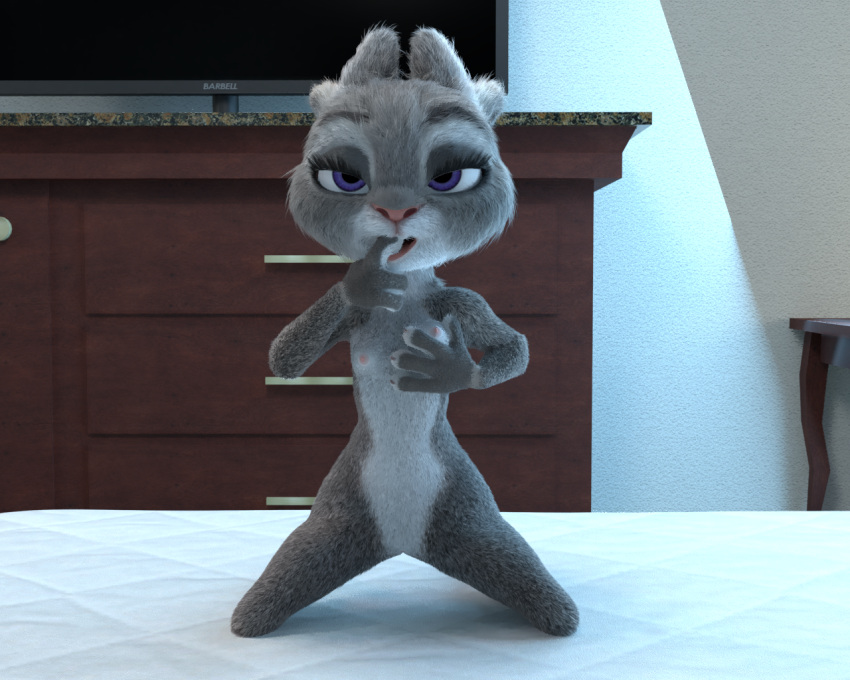 2020 3d 3d_(artwork) anthro breasts disney eyebrows female flat_chest fur furry grey_body grey_fur hi_res judy_hopps lagomorph leporid mammal nipples purple_eyes rabbit small_breasts snowthesergal solo television zootopia