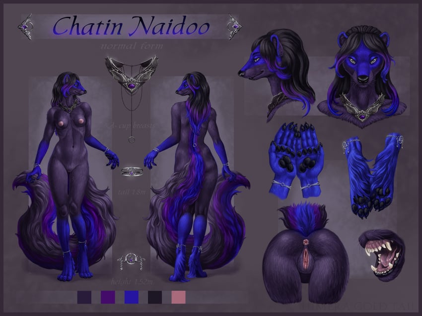 2021 anthro anus areola artist_name bent_over black_body black_claws black_fur black_hair black_nose black_pawpads blue_body blue_fur blue_hair breasts chatin_naidoo claws fangs female finger_claws front_view fur genitals glistening glistening_eyes grey_eyes hair hi_res himeragoldtail humanoid_genitalia humanoid_pussy jewelry looking_at_viewer model_sheet multicolored_body multicolored_fur narrowed_eyes navel neckwear nipples nude open_mouth pawpads pink_anus pink_areola pink_labia_minora pink_nipples purple_body purple_fur purple_hair pussy rear_view side_view simple_background solo standing tail