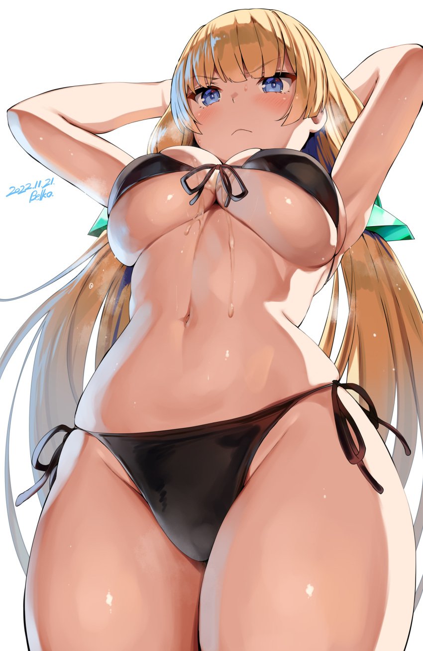 1girls angela_balzac armpits arms_up artist_signature belko bikini black_bikini blonde_hair blue_eyes blush breasts expelled_from_paradise eyebrows_visible_through_hair female hips huge_breasts large_breasts light-skinned_female light_skin low-angle_view simple_background slim_waist thick_thighs thighs twintails wide_hips