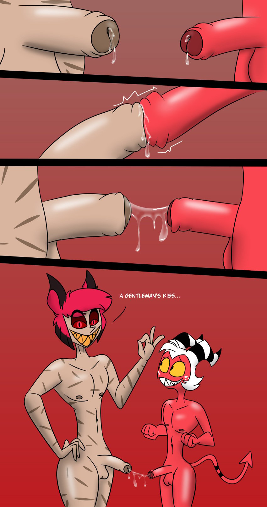 2boys alastor_(hazbin_hotel) close-up comic cum demon foreskin gay hazbin_hotel helluva_boss imp male male/male male_only moxxie_(helluva_boss) naked penis precum precum_drip reaper2545 small_penis tagme touching_tips wide_hips yaoi