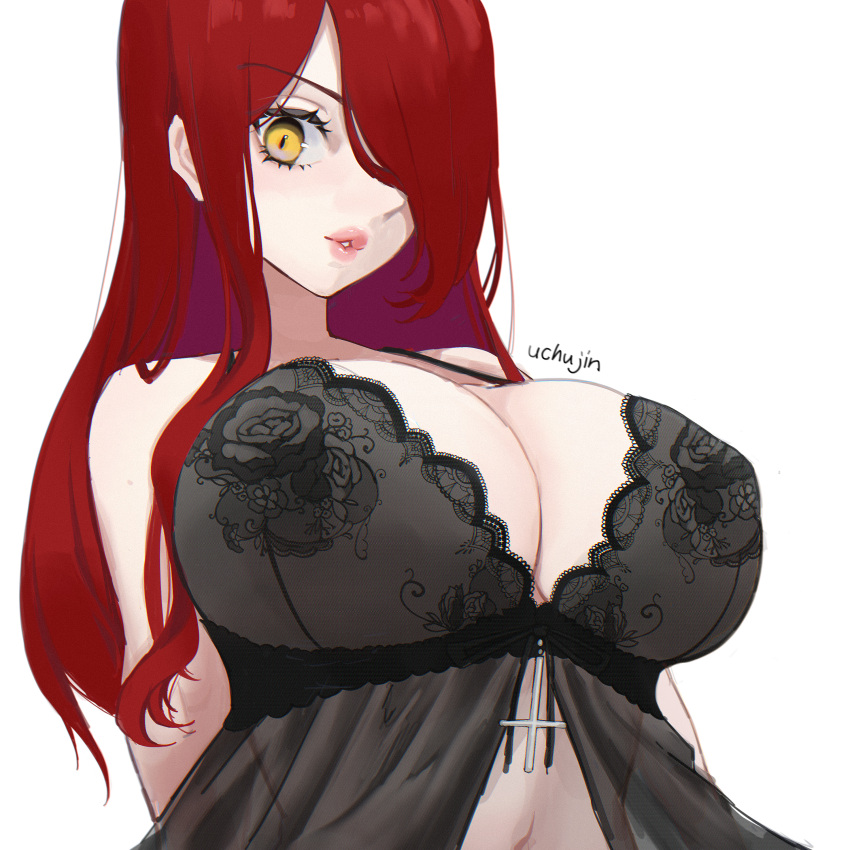 1girls big_breasts big_lips breast_focus breasts cleavage female female_only hair hair_over_one_eye huge_breasts lace lace-trimmed_bra lace_trim lingerie lips long_hair nightgown parasoul red_hair skullgirls solo solo_female thick_lips topwear uchujin_desuuu upside_down_cross yellow_eyes