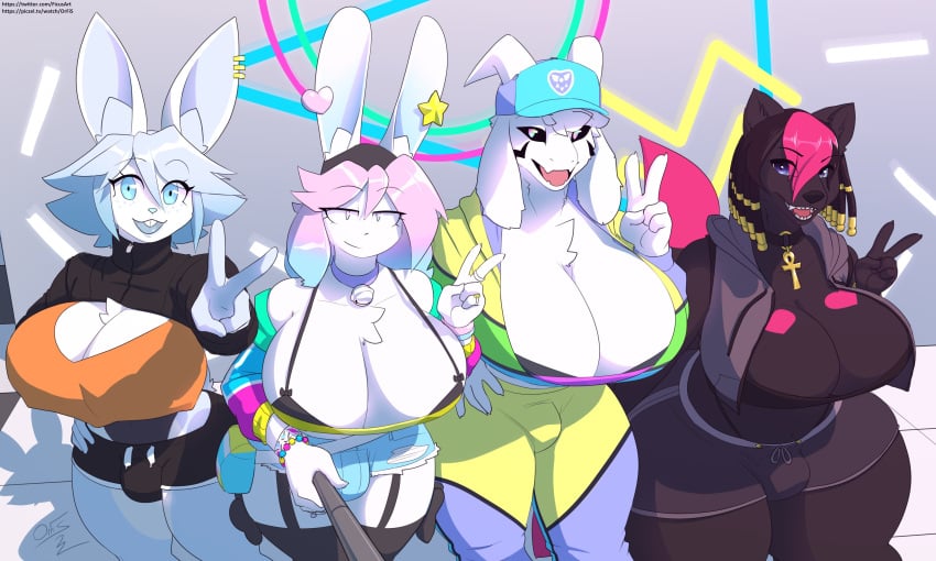 2_horns 2boys 2futas anthro anthro_only asriel_dreemurr asriel_dreemurr_(god_form) bell big_breasts black_fur breasts bulge busty_boy choker dickgirl dog female_asriel ficusart furry furry_only goat horns hotpants intersex looking_at_viewer male_with_breasts open_mouth open_smile peanut_butter_(theycallhimcake) rabbit rule_63 selfie selfie_stick shorts smile smiling_at_viewer standing tagme tristan_(bluebunboi) undertale undertale_(series) white_fur