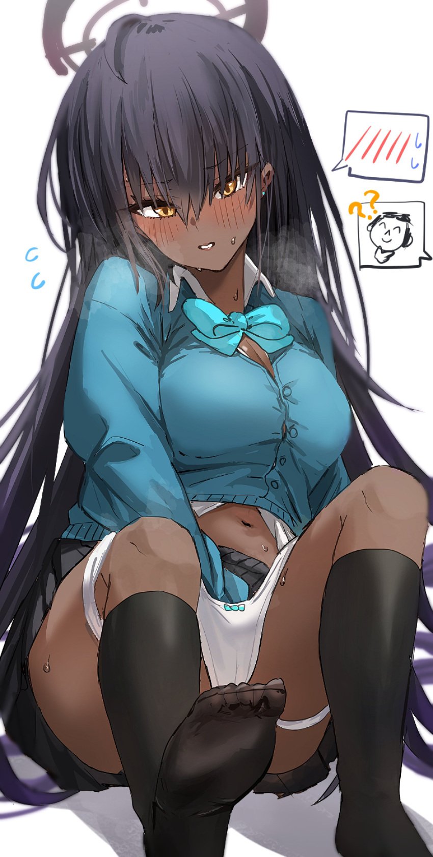 absurdres black_hair blue_archive blush bow bowtie breasts cardigan cleavage dark-skinned_female dark_skin female female_masturbation fingering fingering_through_clothes fingering_through_panties halo highres horn/wood karin_(blue_archive) karin_kakudate kneehighs large_breasts long_hair masturbation millennium_science_school_student raw_egg_lent school_uniform sensei_(blue_archive) socks through_clothes very_long_hair yellow_eyes