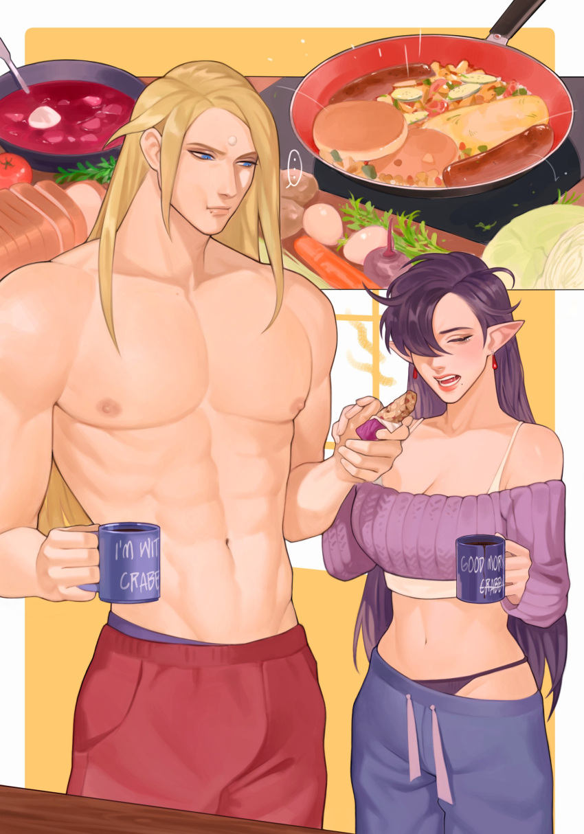 1boy 1boy1girl blonde_hair blue_eyes breakfast cascanora coffee coffee_mug cooking couple elezen elf feminine_male final_fantasy final_fantasy_xiv larger_male male male_human/female_elf morning pointy_ears protein_bar snack topless_male wholesome zenos_yae_galvus