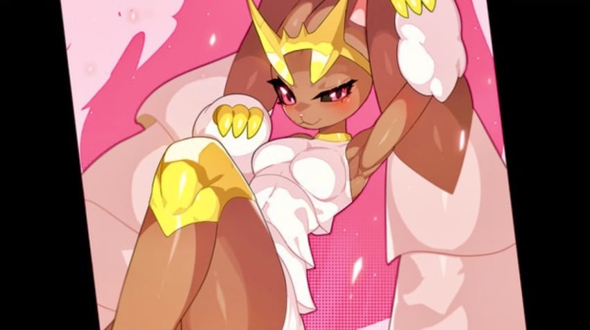 arceus blush bunny bunny_ears bunny_girl drunkoak female female_focus female_only fusion generation_4_pokemon hybrid lopunny nintendo pink_background pokémon_(species) pokemon pokemon_(species) pokemon_bw pokemon_only red_eyes smile thick thick_thighs