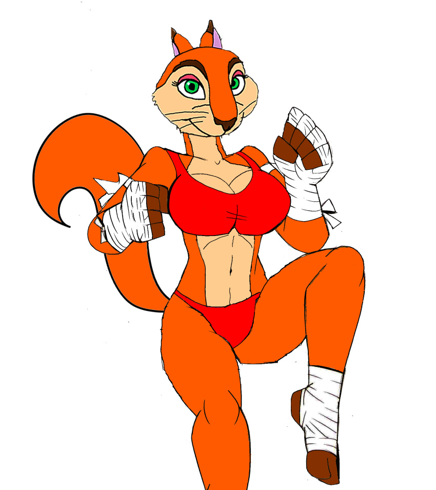 akatsukishiranui-fox alluring andie_(the_nut_job) anthro athletic_female big_breasts bikini cleavage edit female fit_female fur green_eyes hi_res pin_up red_squirrel smile solo squirrel stripes tail the_nut_job traced