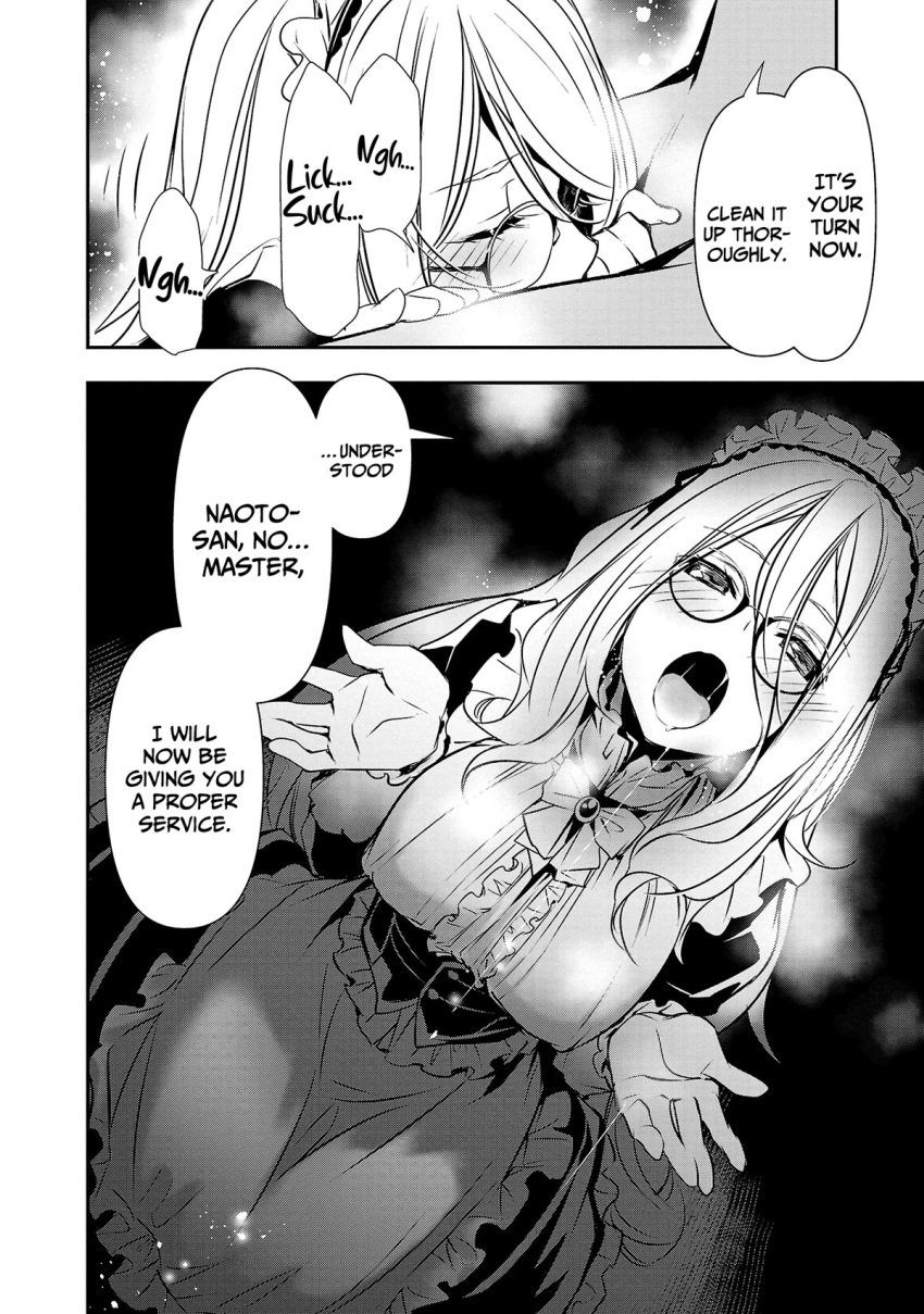 1boy 1girls :o blowjob blush cleaning_cock clothed_female_nude_male comic covered_erect_nipples cum cum_drip cum_in_mouth cum_on_hand drooling english_text erect_nipples erect_nipples_under_clothes face_in_crotch fellatio female frieda_(isekai_ntr) glasses isekai_ntr kneeling large_breasts licking_penis long_hair looking_at_viewer maid male manga monochrome netorare nipple_bulge official_art open_mouth oral penis_cleaning penis_lick saliva saliva_drip shinyuu_no_onna_wo_saikyou_skill_de_otosu_houhou submissive submissive_female sucking sucking_penis tagme text tongue tongue_out