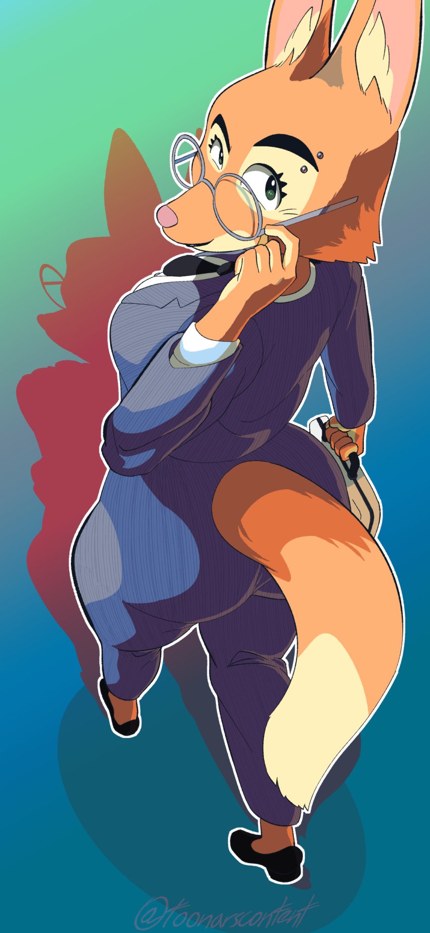 absurd_res anthro ass big_butt business_suit canid canine clothed clothing diane_foxington dreamworks eyebrows eyewear female fox fur furry glasses gradient_background hi_res lips mammal office_lady orange_body orange_fur orange_tail outline simple_background solo suit the_bad_guys thick_bottom_lip thick_eyebrows thick_tail thick_thighs toonarscontent white_outline wide_hips