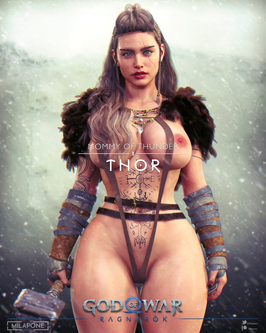 1girls 3d 3d_(artwork) aesir_(norse_mythology) athletic athletic_female big_breasts breasts busty cleavage female fit_female god god_of_war god_of_war_ragnarok goddess hourglass_figure huge_breasts large_breasts light-skinned_female light_skin looking_at_viewer mature mature_female milapone milf mjolnir mother muscle muscles muscular muscular_female navel norse_mythology pinup realistic rule_63 thor_(god_of_war) toned toned_female