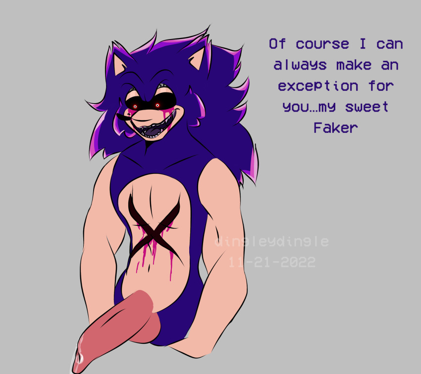 anthro blood_on_face blue_fur cleetusnsfw crystal large_penis lustful_gaze mobian_(species) muscular muscular_male pink_blood sonic.exe sonic.exe_(character) text watermark x_scar xenophanes_sonic