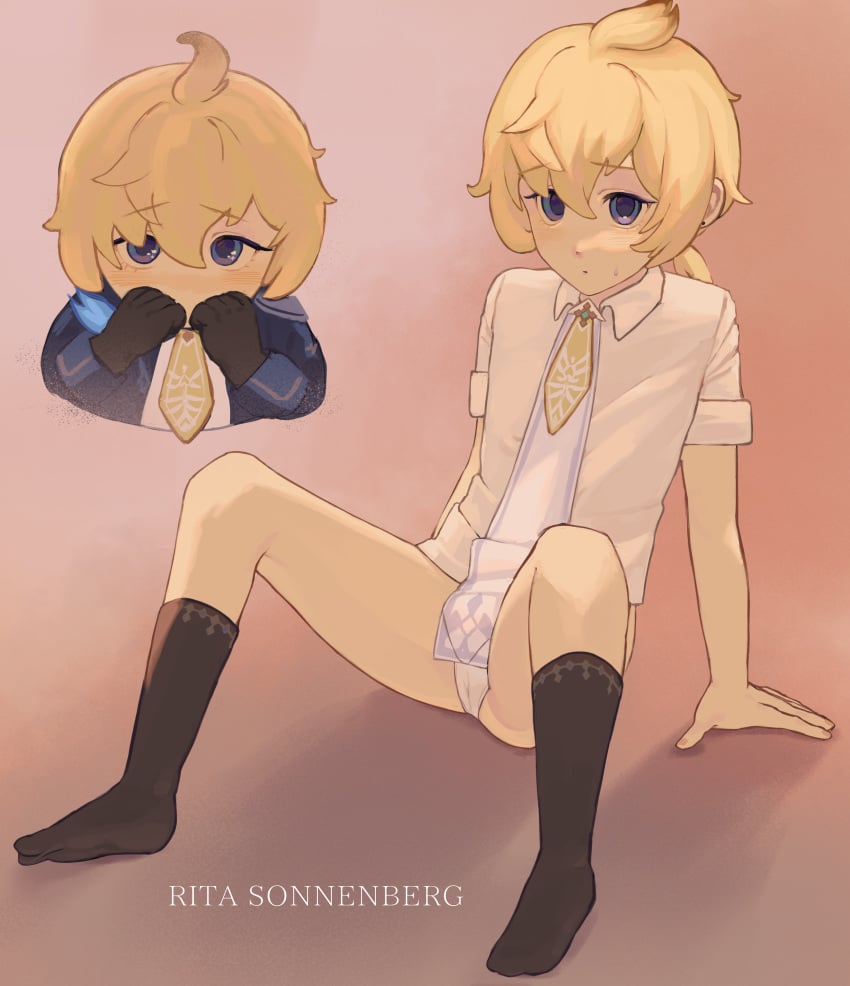 blonde_hair blue_eyes cute cute_male femboy femboysub genshin_impact half-dressed knee_socks kneesocks m mika_(genshin_impact) short_hair shy tie tied_hair