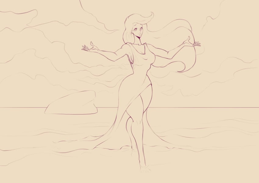 1girls ariel digital_drawing_(artwork) digital_media_(artwork) disney disney_princess eyebrows eyelashes eyes hair henrik-drake hhammerh hips legs light-skinned_female light_skin long_hair monochrome princess rough_sketch royalty solo the_little_mermaid thick thighs