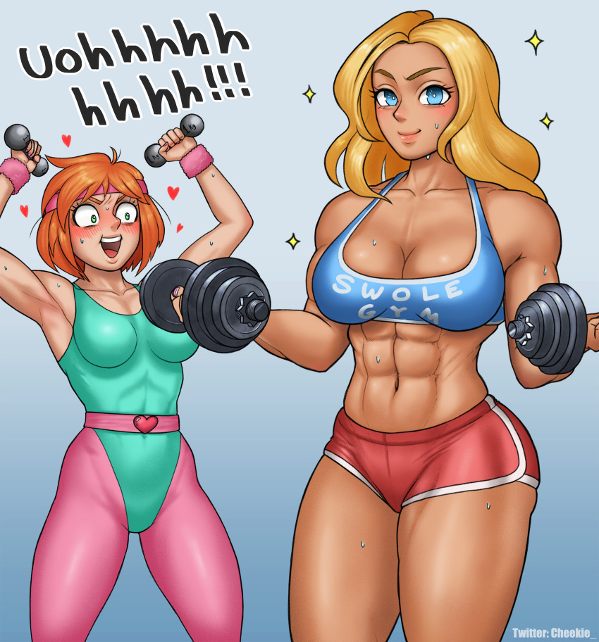 2girls 80's_theme abs beverly_(nortuet) blush cheekie0 dolphin_shorts exercise female female_only leotard multiple_girls muscular muscular_arms muscular_female sweat tank_top tara_(nortuet) weightlifting working_out workout_clothes yuri